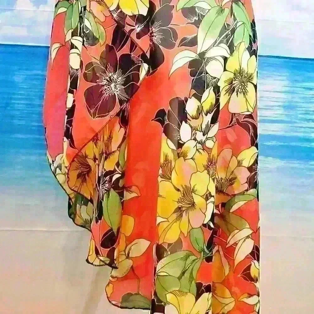 ORANGE FLORAL Beach Cover Sheer Open front Long Shawl LIGHTWEIGH Shrug One Size